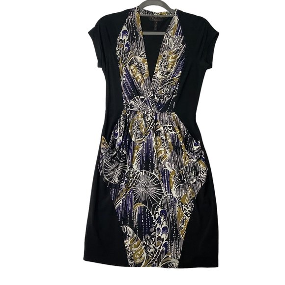BCBGMAXAZRIA Dress Women Small Celestial Paisley Deep V-Neck Pockets NO BELT - Picture 1 of 10